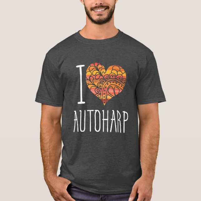 I Love Autoharp Orange Mandala Heart T-Shirt (Front)
