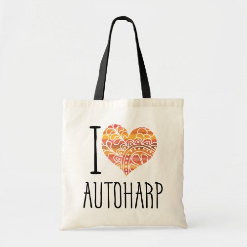 I Love Autoharp Yellow Orange Mandala Heart Tote Bag