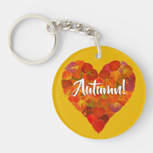 I Love Autumn, Bold—Red Aspen Leaf Heart 1 Keychain