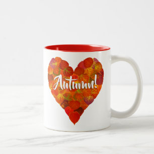 I Love Autumn, Bold—Red Aspen Leaf Heart 1 Two-Tone Coffee Mug