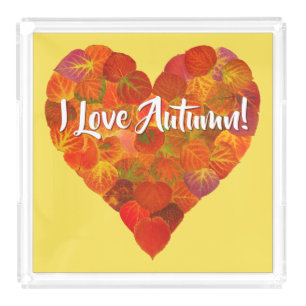 I Love Autumn!—Red Aspen Leaf Heart 1 Acrylic Tray