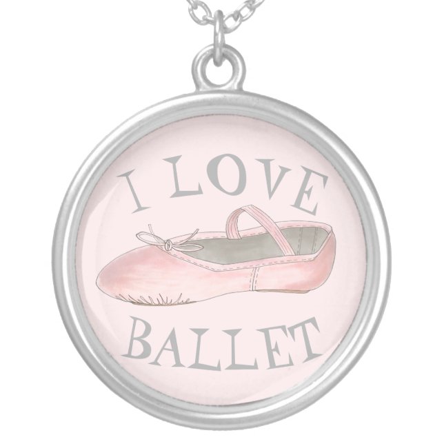 I Love Ballet Ballerina Pink Slipper Dance Teacher Silver Plated Necklace (Front)