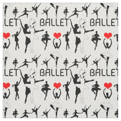 I Love Ballet Pattern Black Ballet Dancers Fabric