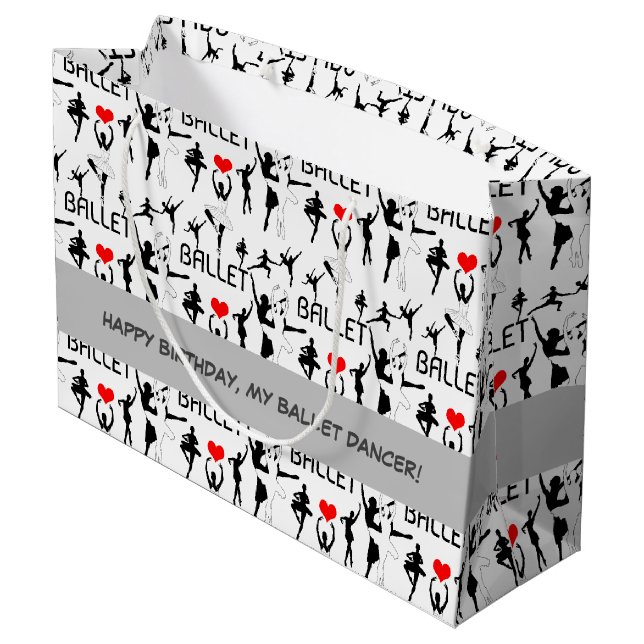 I Love Ballet Pattern. Black Ballet Dancers Large Gift Bag (Back Angled)