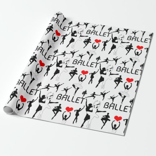 I Love Ballet Pattern Black Ballet Dancers Wrapping Paper