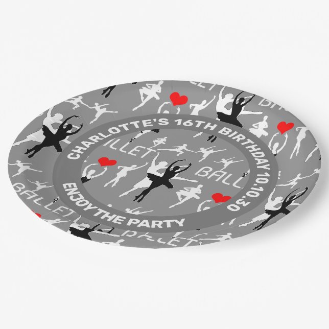 I Love Ballet Pattern. White Ballet Dancers Paper Plates (Angled)