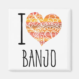 I Love Banjo Orange Mandala Heart Magnet