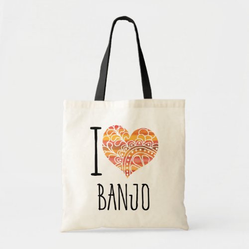 I Love Banjo Yellow Orange Mandala Heart Tote Bag