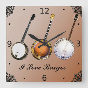 I LOVE  BANJOS SQUARE WALL CLOCK