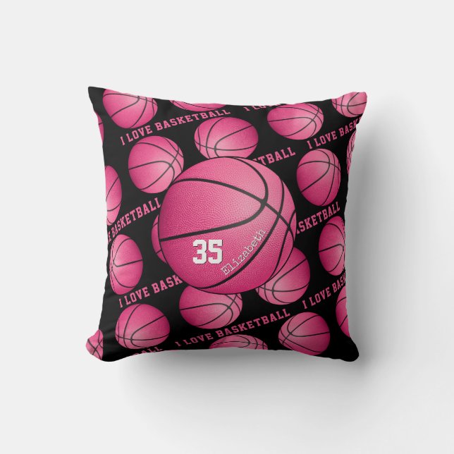 I love basketball girls pink basketballs pattern throw pillow (Front)