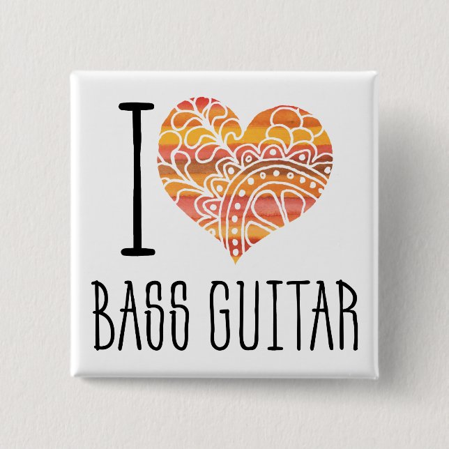 I Love Bass Guitar Orange Mandala Heart Button (Front)