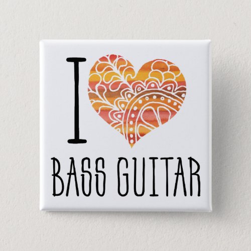 I Love Bass Guitar Orange Mandala Heart Square Button