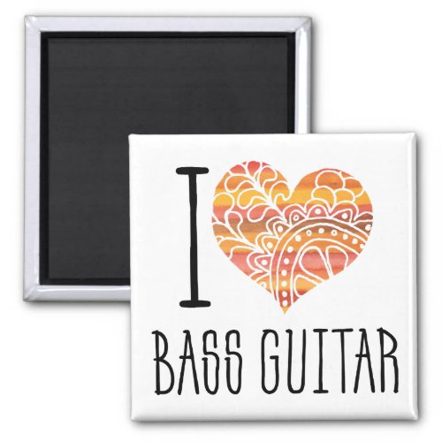 I Love Bass Guitar Yellow Orange Mandala Heart Square Magnet