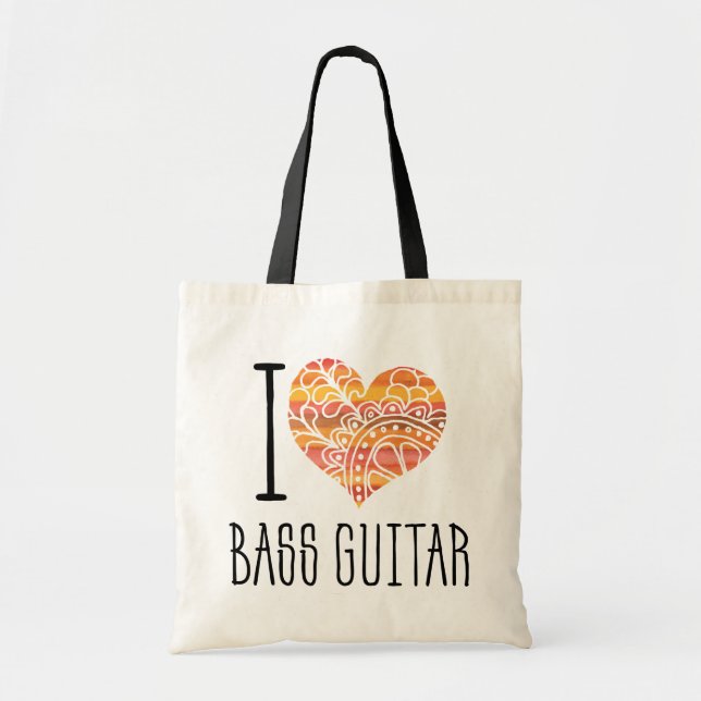 I Love Bass Guitar Orange Mandala Heart Tote Bag (Front)