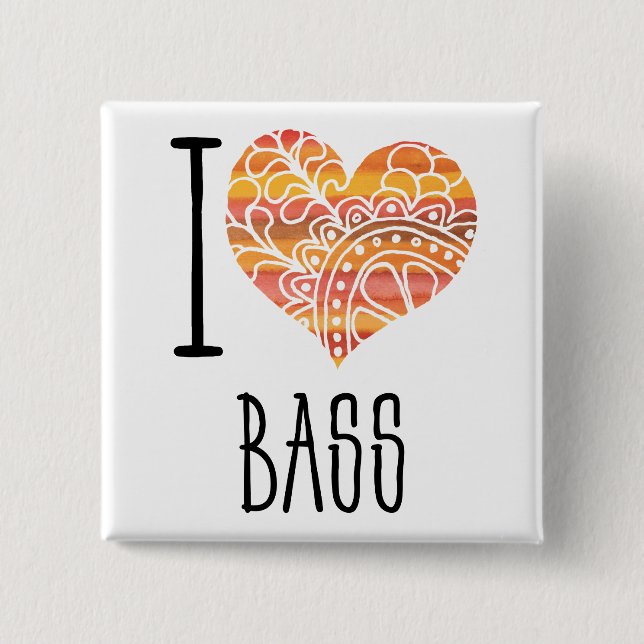 I Love Bass Orange Mandala Heart Button (Front)
