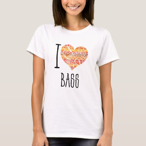 I Love Bass Yellow Orange Mandala Heart T-Shirt