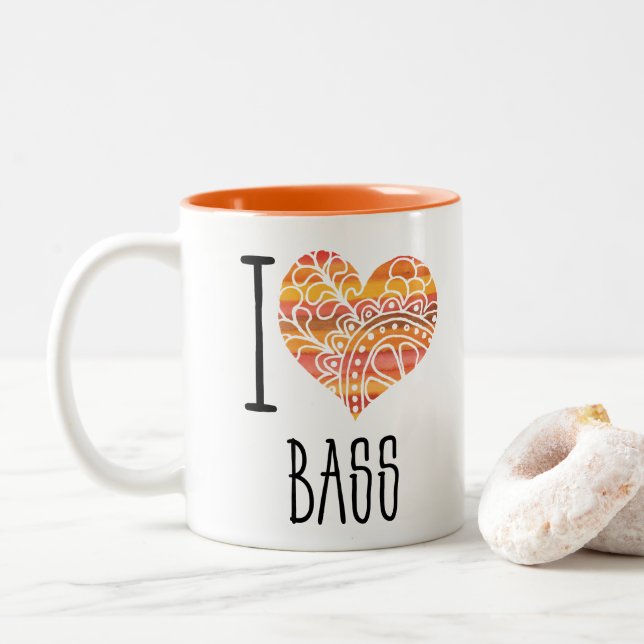 I Love Bass Orange Mandala Heart Two-Tone Coffee Mug (With Donut)