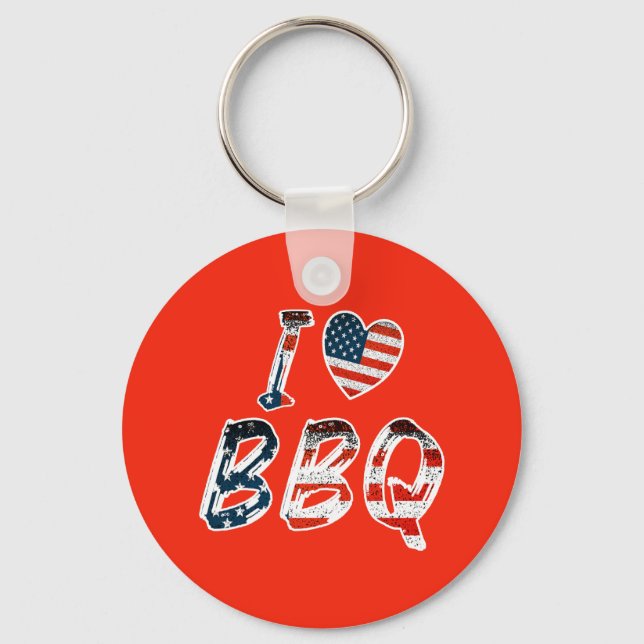 I Love BBQ, American Patriotic Keychain (Front)