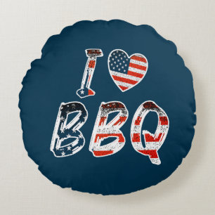 I Love BBQ, American Patriotic Round Pillow