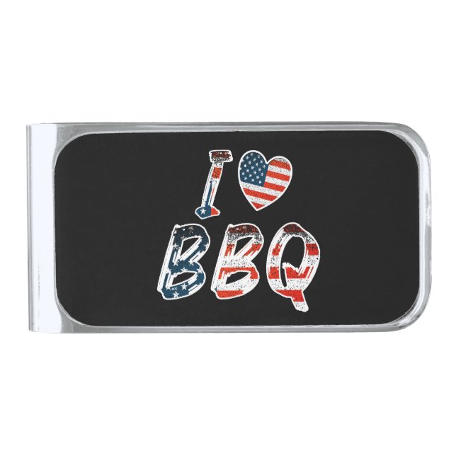 I love BBQ, American patriotic Silver Finish Money Clip (Front)