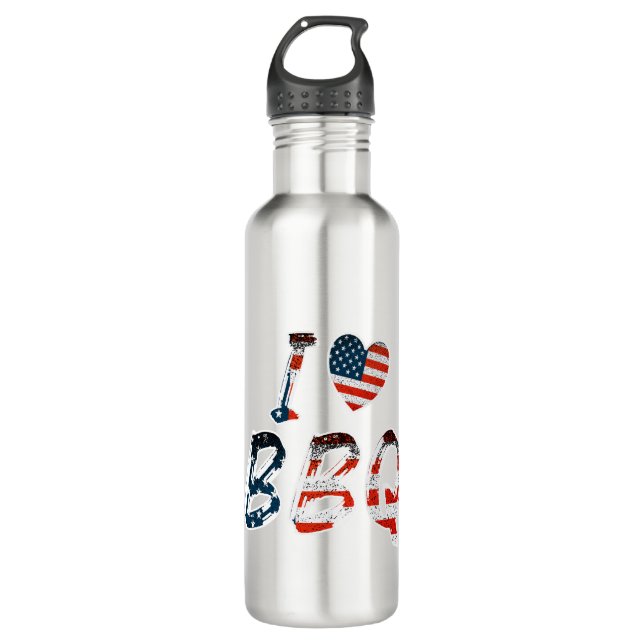 I love BBQ, American patriotic Stainless Steel Water Bottle (Front)