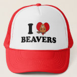 I Love Beavers Funny Trucker Hat<br><div class="desc">This funny beaver hat reads I Love Beavers in black with a cute cartoon beaver over the red heart. A cute team mascot cap for a school with a sense of humor.</div>