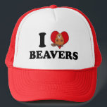 I Love Beavers Funny Trucker Hat<br><div class="desc">This funny beaver hat reads I Love Beavers in black with a cute cartoon beaver over the red heart. A cute team mascot cap for a school with a sense of humor.</div>