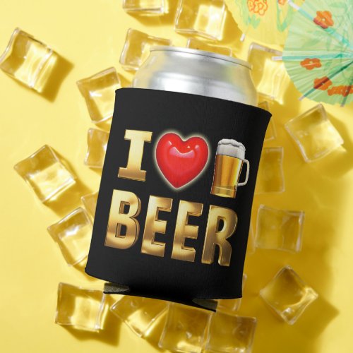 I LOVE BEER _ GOLD 3D TEXT  CAN COOLER