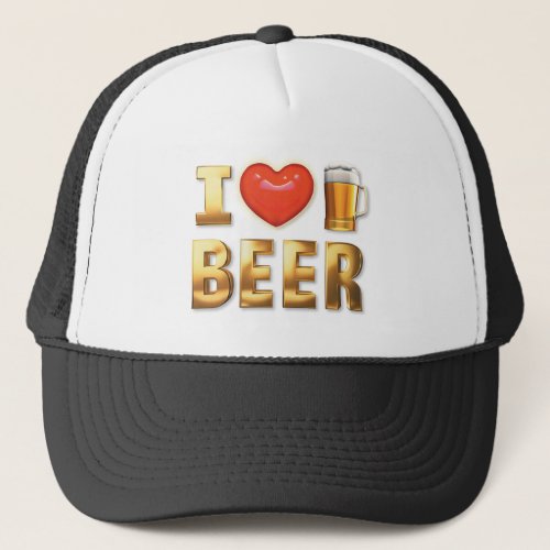 I LOVE BEER _ GOLD 3D TEXT TRUCKER HAT