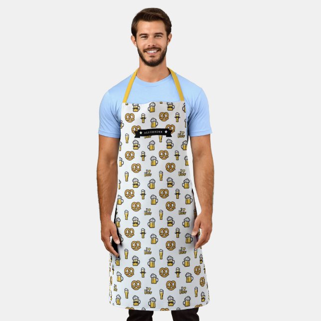 I Love Beer Moustache and Pretzels Pattern Name Apron (Worn)