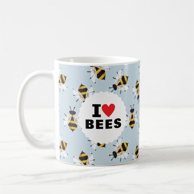 I Love Bees Patterned Sky Blue Coffee Mug (Left)