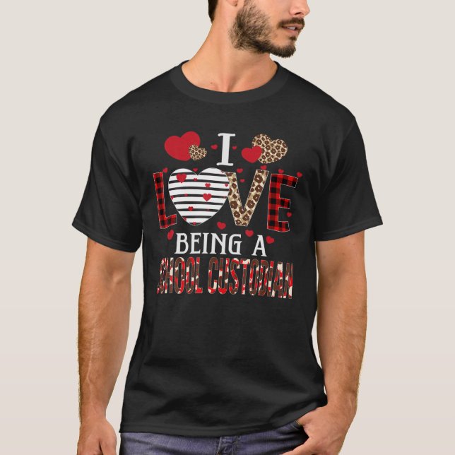 I Love Being A School Custodian Red Plaid Hearts V T-Shirt (Front)
