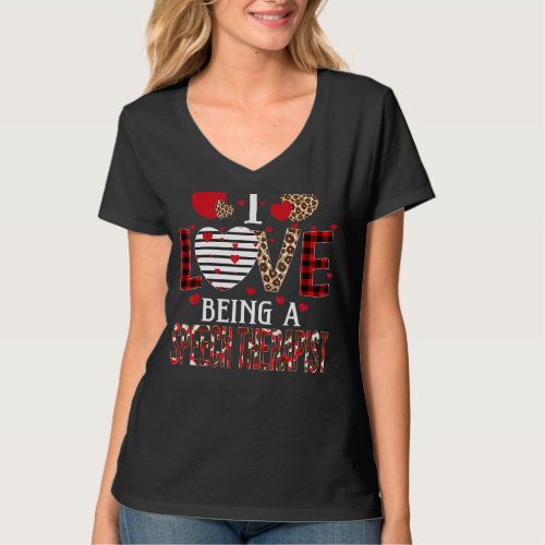 I Love Being A Speech Therapist Red Plaid Hearts V T_Shirt