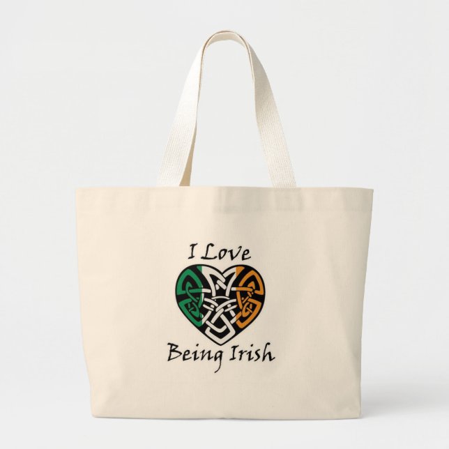 I Love Being Irish Celtic Heart Large Tote Bag (Front)