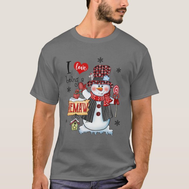 I Love Being Memaw Snowman Christmas Red Plaid Hat T-Shirt (Front)