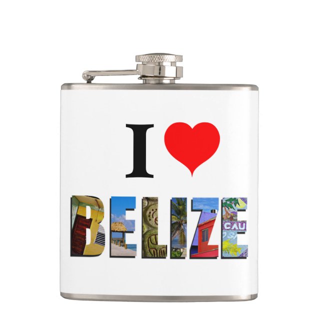 I Love Belize Heart Tropical Beach Travel Photos Flask (Front)