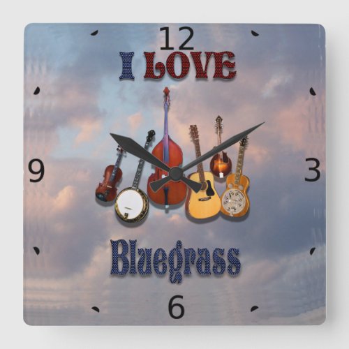 I LOVE  BLUEGRASS SQUARE WALL CLOCK