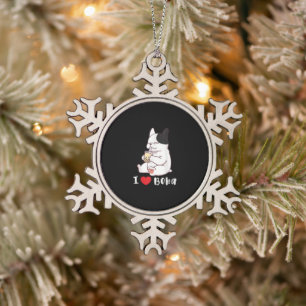 I Love Boba Bubble Tea Dog Cut French Bulldog Gift Snowflake Pewter Christmas Ornament