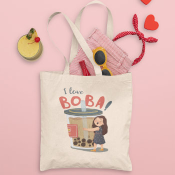 I Love Boba! Cute Girl Hugging A Bubble Tea  Tote Bag by ShopKatalyst at Zazzle