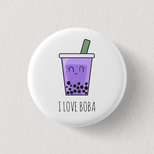 I Love Boba Kawaii Bubble Tea Taro Ube Purple Button (Front)