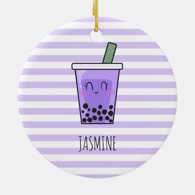 I Love Boba Kawaii Bubble Tea Taro Ube Purple Ceramic Ornament (Back)