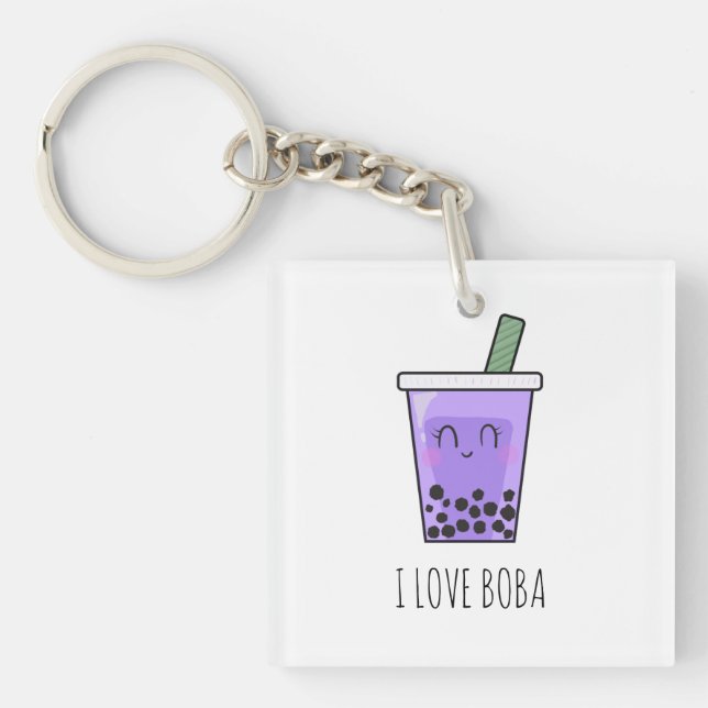 I Love Boba Kawaii Bubble Tea Taro Ube Purple Keychain (Front)
