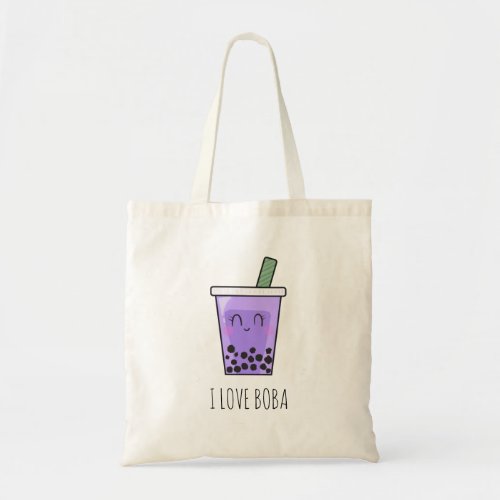 I Love Boba Kawaii Bubble Tea Taro Ube Purple Tote Bag