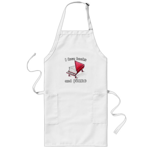 I Love Books And Piano, Authentic Freehand Art Long Apron (Front)