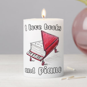 I Love Books And Piano, Authentic Freehand Art Pillar Candle