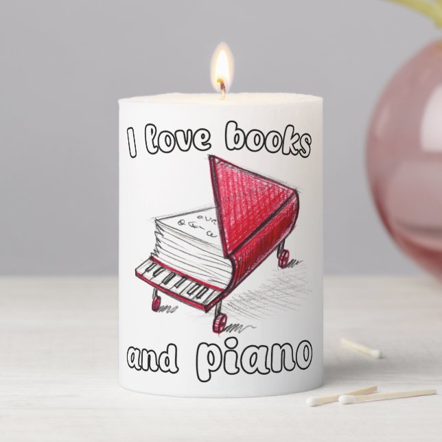 I Love Books And Piano, Authentic Freehand Art Pillar Candle (In Situ)