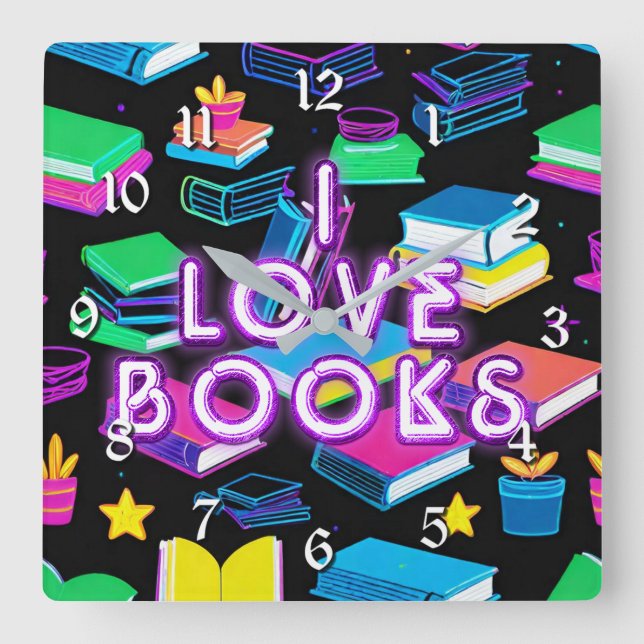 I Love Books Colorful Round Square Wall Clock (Front)