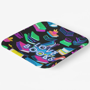 I Love Books Colorful Square Paper Plates