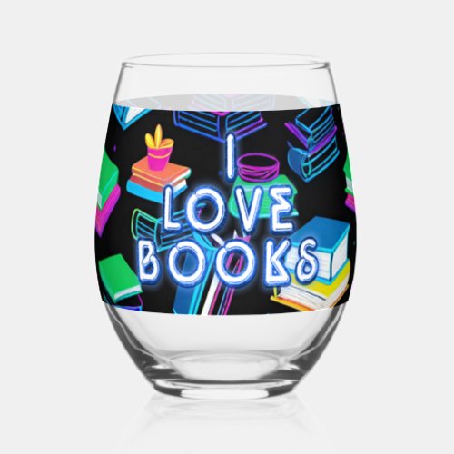I Love Books Colorful  Stemless Wine Glass