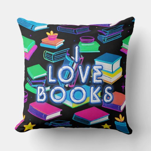 I Love Books Colorful  Throw Pillow